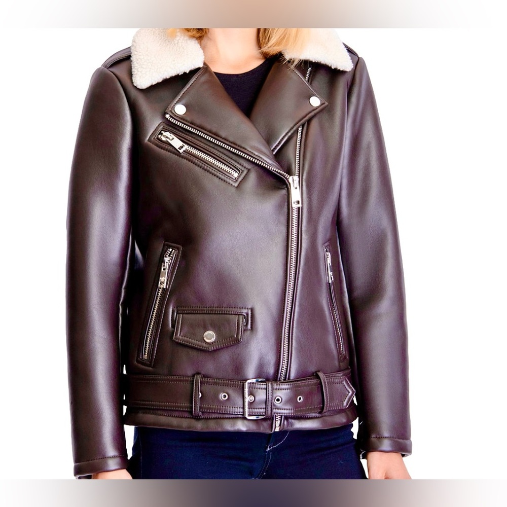 MK Women's Faux-Sherpa Collar Faux-Leather Moto Coat New Size Medium Dark Brown